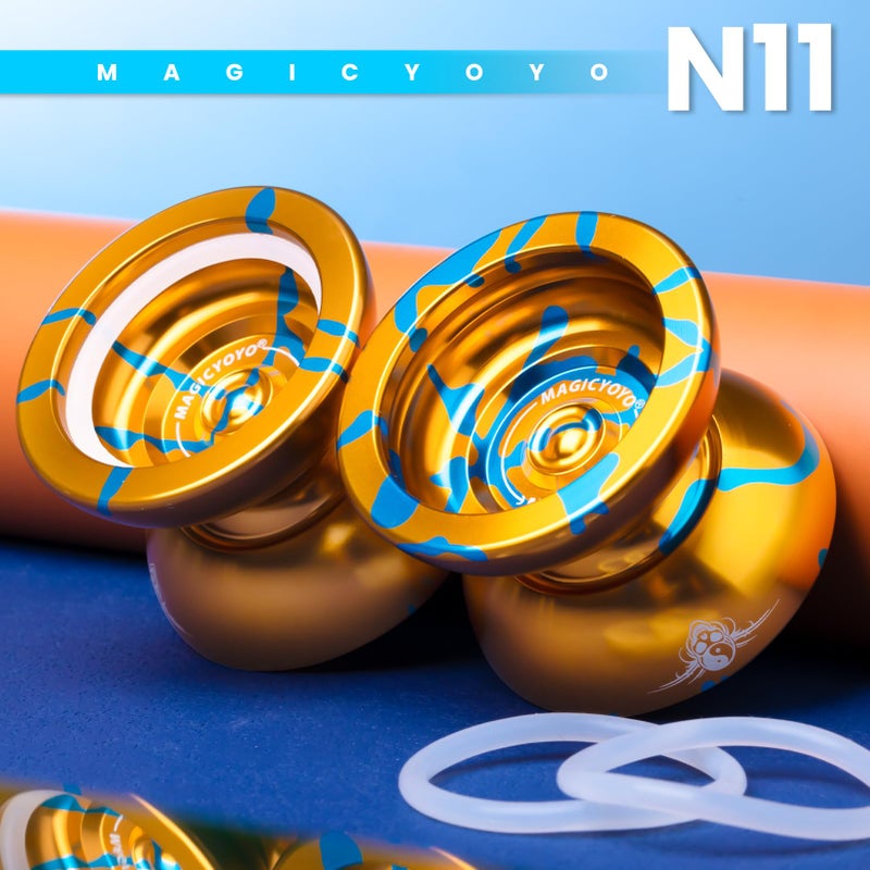 MAGICYOYO N11 Professional Unresponsive Alloy Yoyo Dual Purpose Trick Yo Yo with Responsive Bearing Kit + Bag + Glove +12 Strings - Golden Blue - Image 3
