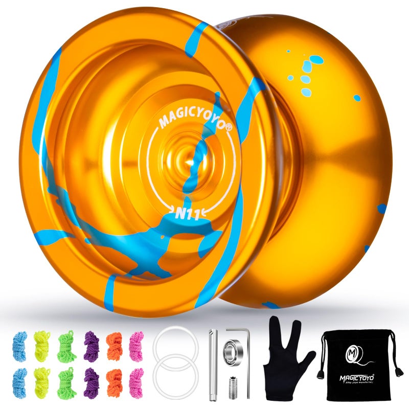 MAGICYOYO N11 Professional Unresponsive Alloy Yoyo Dual Purpose Trick Yo Yo with Responsive Bearing Kit + Bag + Glove +12 Strings - Golden Blue - Image 1