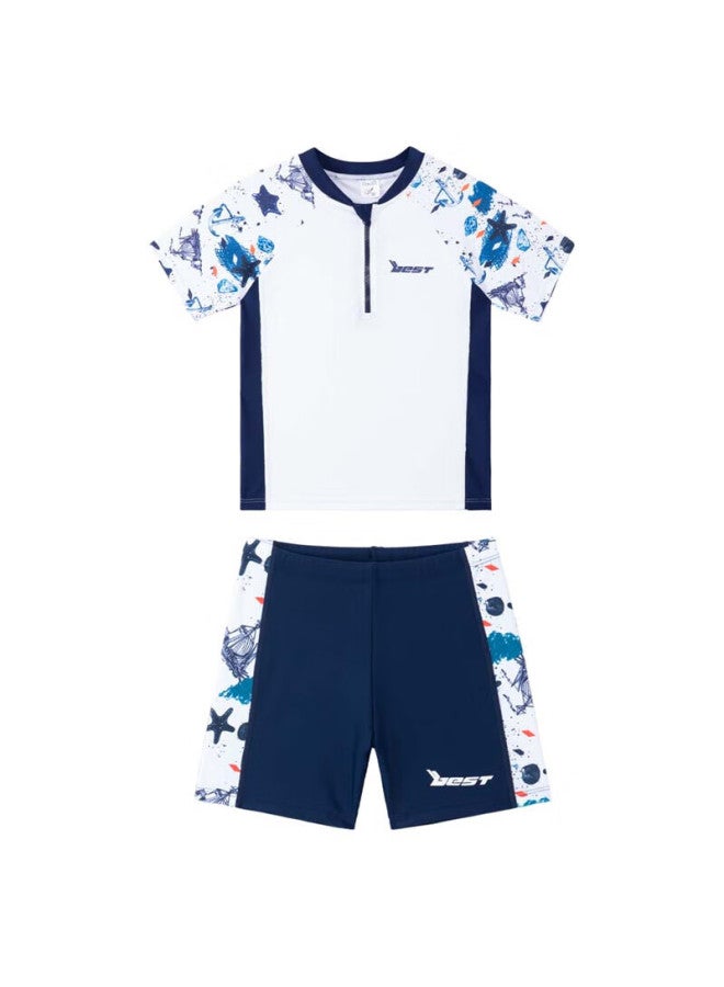 Zuoxi Boys' Swimwear Set, Children's Swimwear, Summer Style, For Older Boys, Sun Protection Two-piece Set, White, Size 120 - Image 3