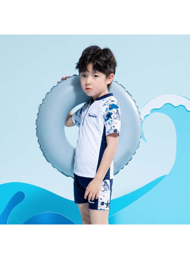 Zuoxi Boys' Swimwear Set, Children's Swimwear, Summer Style, For Older Boys, Sun Protection Two-piece Set, White, Size 120 - Image 1
