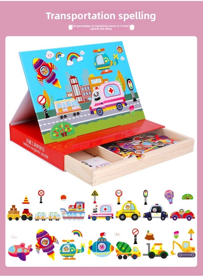 Children's Educational Magnetic Cartoon Princess Dress-up Animal Spelling Multi-function Double-sided Drawing Board Puzzle Girl Gift Box-Color:Drawer Type-vehicle Spell Music (2 Yuan Required)  - Image 1