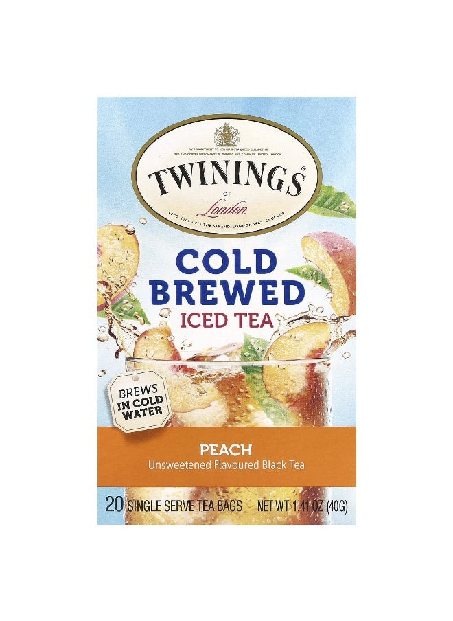 Twining's Twinings, Cold Brewed Iced Tea, Black Tea, Unsweetened, Peach, 20 Single Serve Tea Bags, 1.41 oz (40 g)  - Image 1