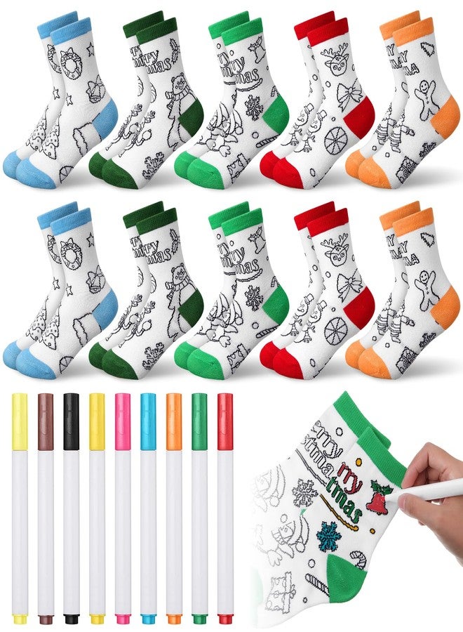 Coume 10 Pairs Christmas Kids Doodle Socks with 9 Pcs Markers DIY Coloring Christmas Stockings Kit Xmas Drawing Craft Christmas Gifts for Kids Arts - Image 1