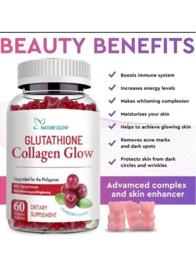 NATURE GLOW - Glutathione Collagen Glow Gummies 60 Capsules, Anti Aging Formula, Skin Whiteningt and Brightening Vitamins, A Bear Shaped Gummie, Cranberry Flavor Dietary Supplement - Image 1