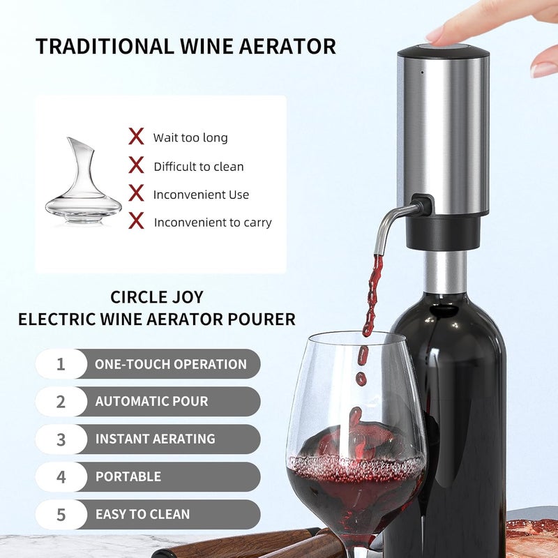 CircleJoy Electric Wine Opener Set 4-in-1 Wine Set with Rechargeable Wine Opener, Rechargeable Wine Aerator Pourer, Foil Cutter and Vacuum Wine Stopper, Gift Set for Wine Lovers, Silver - Image 4