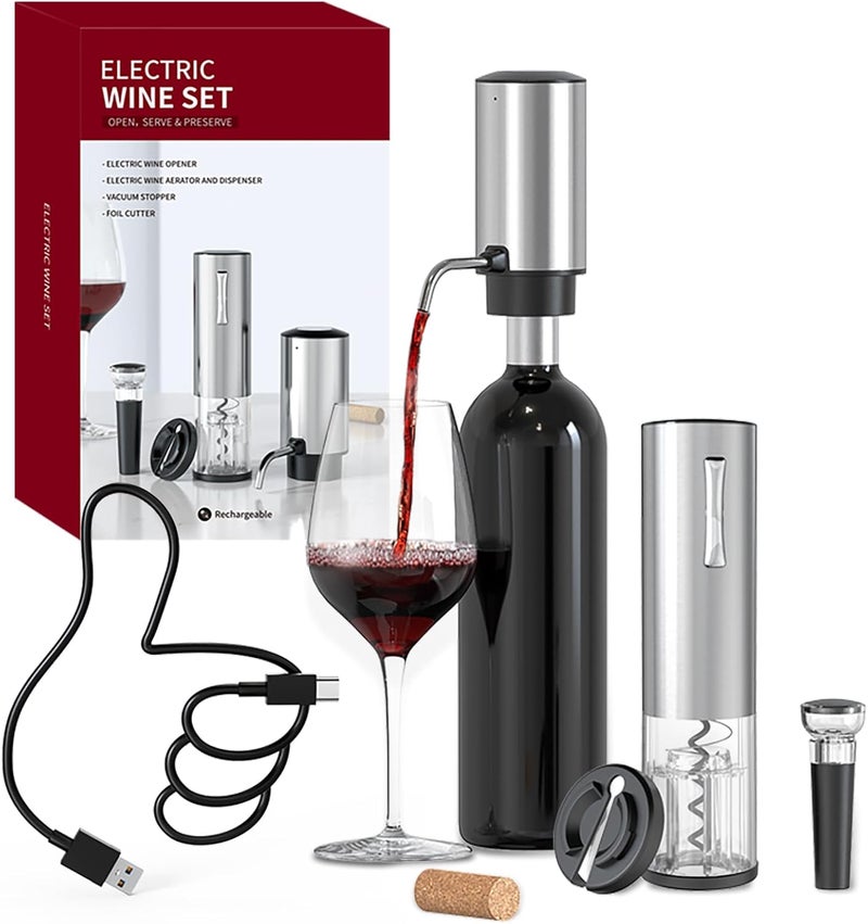 CircleJoy Electric Wine Opener Set 4-in-1 Wine Set with Rechargeable Wine Opener, Rechargeable Wine Aerator Pourer, Foil Cutter and Vacuum Wine Stopper, Gift Set for Wine Lovers, Silver - Image 1