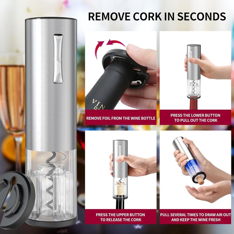 CircleJoy Electric Wine Opener Set 4-in-1 Wine Set with Rechargeable Wine Opener, Rechargeable Wine Aerator Pourer, Foil Cutter and Vacuum Wine Stopper, Gift Set for Wine Lovers, Silver - Image 3