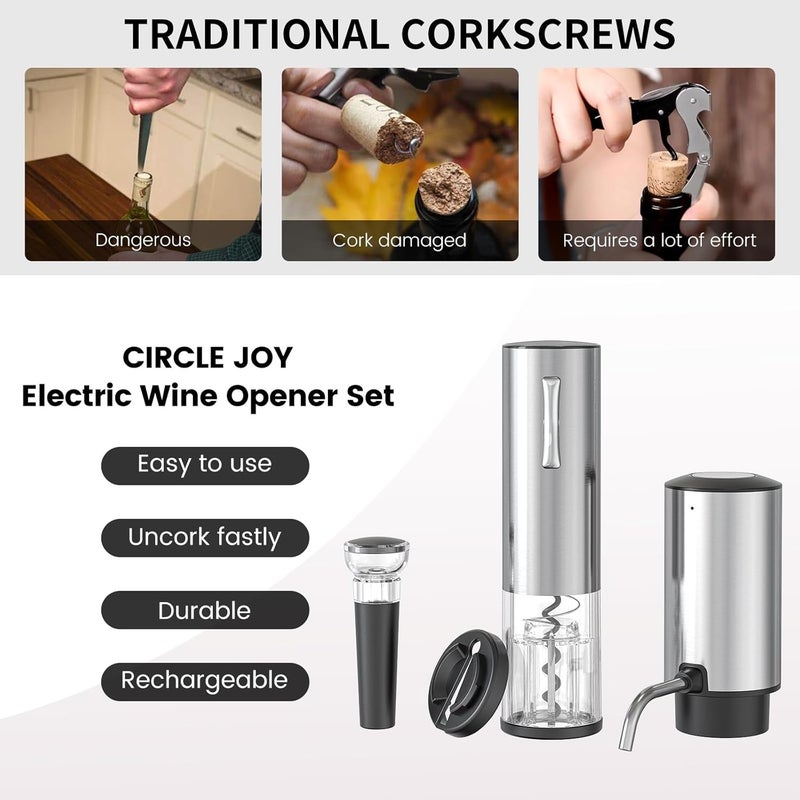 CircleJoy Electric Wine Opener Set 4-in-1 Wine Set with Rechargeable Wine Opener, Rechargeable Wine Aerator Pourer, Foil Cutter and Vacuum Wine Stopper, Gift Set for Wine Lovers, Silver - Image 2