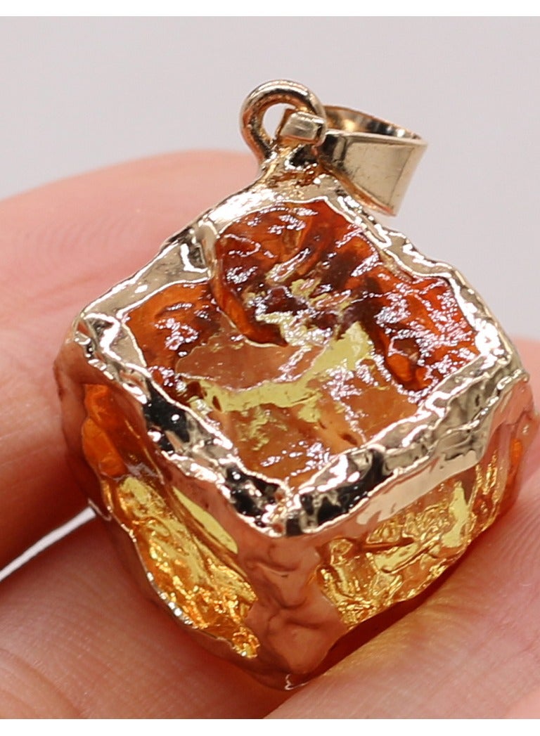 Yellow Natural Stone Crystal 25x25mm Square Glass Pendant with Gold Edge - Image 1