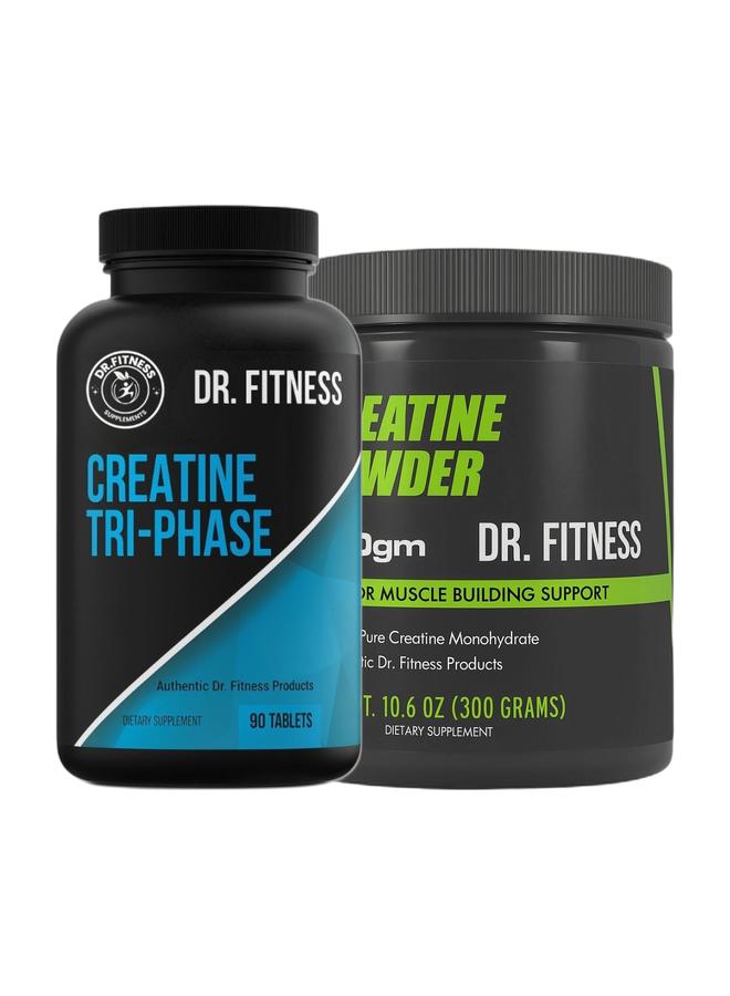 DR.FITNESS Creatine Dietary Supplement Tri Phase Monohydrate 90 Tablets  | Muscle Growth Support for Optimal Performance & Creatine Dietary Supplement Monohydrate Powder Net WT 10.6 Oz 300g - Unflavour Bundle - Image 1