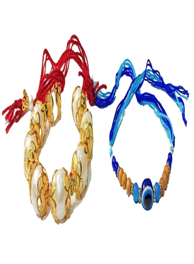ATHZ Bhaiya Bhabhi Rakhi Set – Nazariya & Mohini | Evil Eye Rakhi with Blue Thread for Bhaiya & Elegant Pearl-Gold Bracelet for Bhabhi | Rakshabandhan Set - Image 1