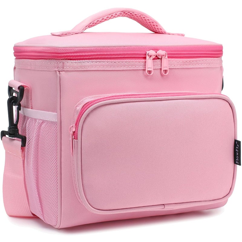 FlowFly Insulated Reusable Lunch Bag Adult Large Lunch Box for Women and Men with Adjustable Shoulder StrapFront Zipper Pocket and Dual Large Mesh Side PocketsPink