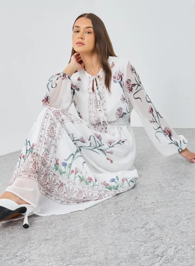 Styli Styli Tie-Up Neck Floral Print A-Line Maxi Dress