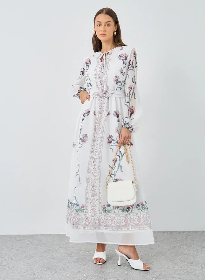 Styli Styli Tie-Up Neck Floral Print A-Line Maxi Dress