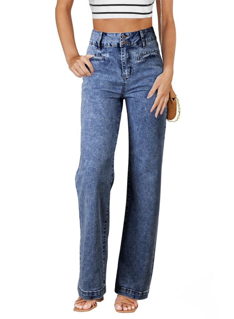 Sidefeel Women's Wide Leg Jeans High Waisted Straight Leg Jeans Stretchy Zimbaplatinum Trendy Loose Denim Pants Blue Size 2 - Image 1