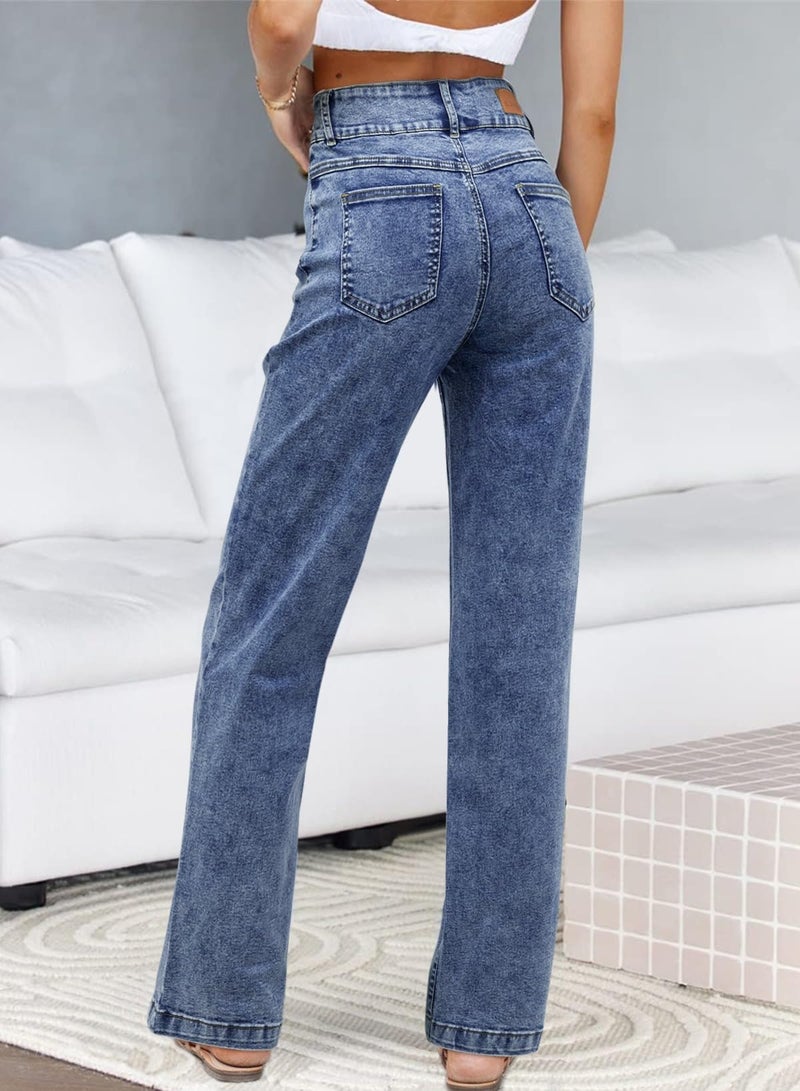 Sidefeel Women's Wide Leg Jeans High Waisted Straight Leg Jeans Stretchy Zimbaplatinum Trendy Loose Denim Pants Blue Size 2 - Image 2