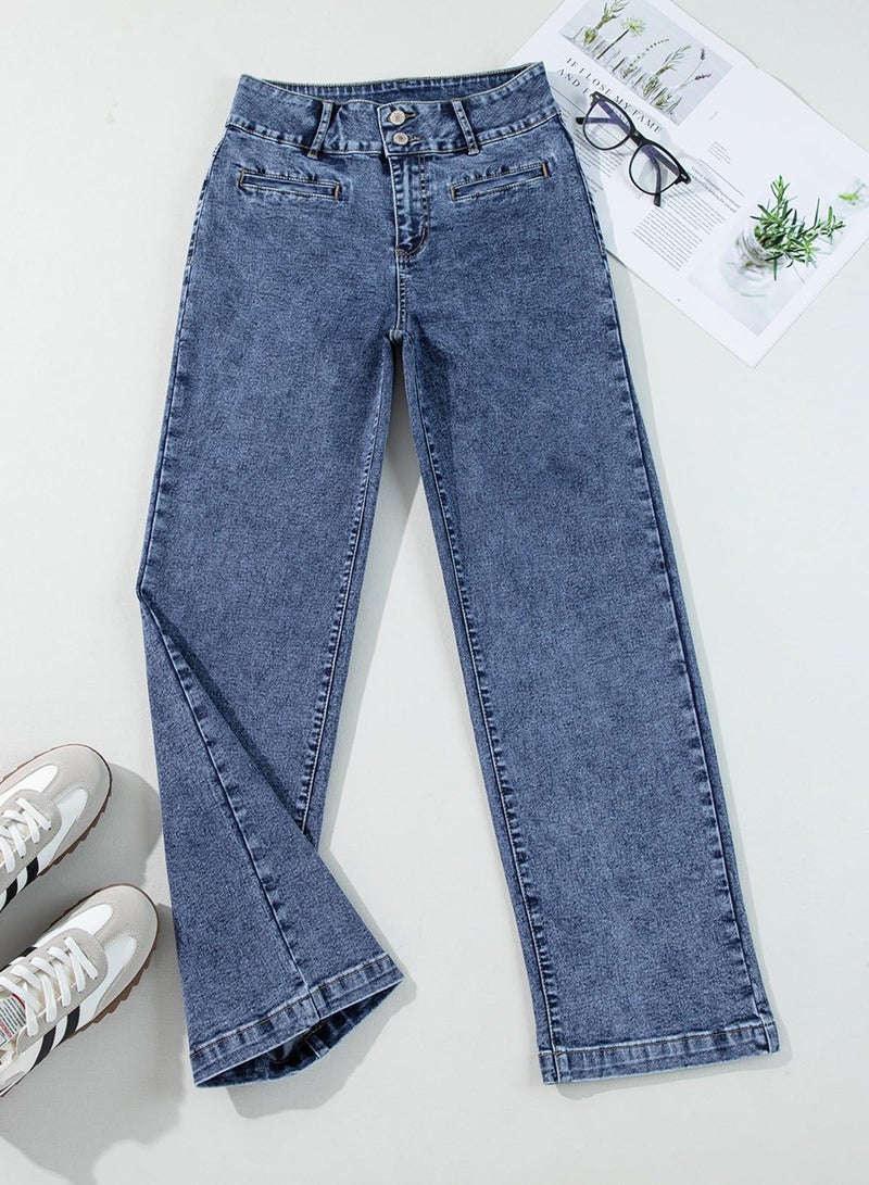 Sidefeel Women's Wide Leg Jeans High Waisted Straight Leg Jeans Stretchy Zimbaplatinum Trendy Loose Denim Pants Blue Size 2 - Image 3