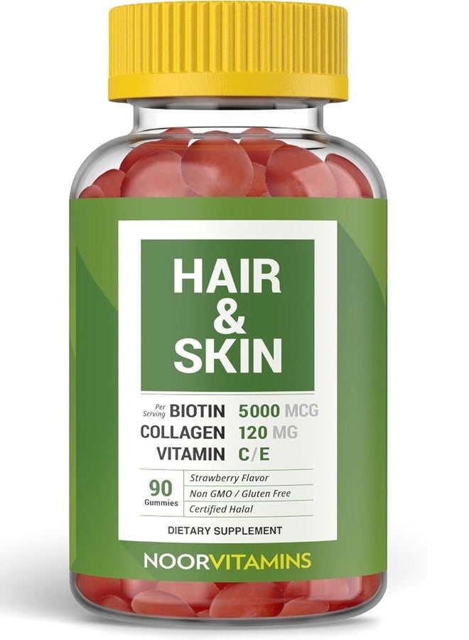 Noor Vitamins Halal Hair Vitamins Biotin, Collagen, Silica, Vitamin C & E Supports Hair, Skin & Nail Health; Natural Strawberry Gummy Vitamins. GMO, Gluten Free & a Certified Halal Vitamin (90 Count) - Image 1