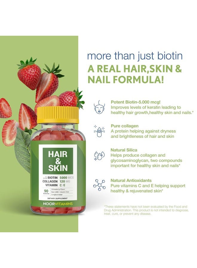 Noor Vitamins Halal Hair Vitamins Biotin, Collagen, Silica, Vitamin C & E Supports Hair, Skin & Nail Health; Natural Strawberry Gummy Vitamins. GMO, Gluten Free & a Certified Halal Vitamin (90 Count) - Image 4
