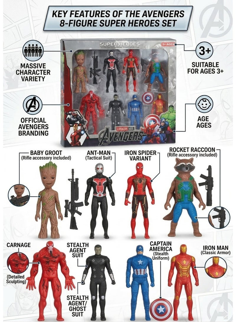 Marvel Super Hero Action Figures Set of 8 – Avengers & Guardians of the Galaxy | Groot, Rocket Raccoon, Captain America, Iron Man, Spider-Man, Ant-Man & Carnage | 4-Inch Collectible Toy Set & Cake Toppers | Best Birthday Gift for Boys & Kids 3+ - Image 4