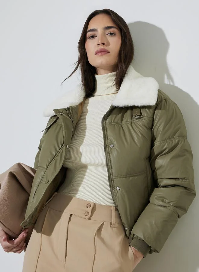 Styli Olive Green Solid Faux Fur Collar Short Padded Jacket