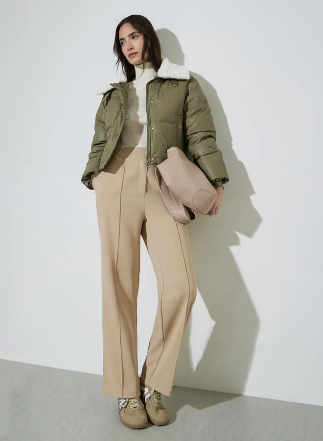 Styli Olive Green Solid Faux Fur Collar Short Padded Jacket