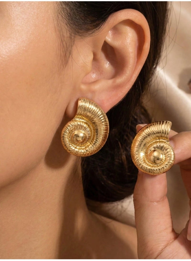 Shein Gold Tone Shell Shaped Earrings Set, Women's Chunky Stainless Steel Jewelry, Elegant Gift, Holiday Accessories, Mother's Day Easter Gift, Daily Wear, - Image 1