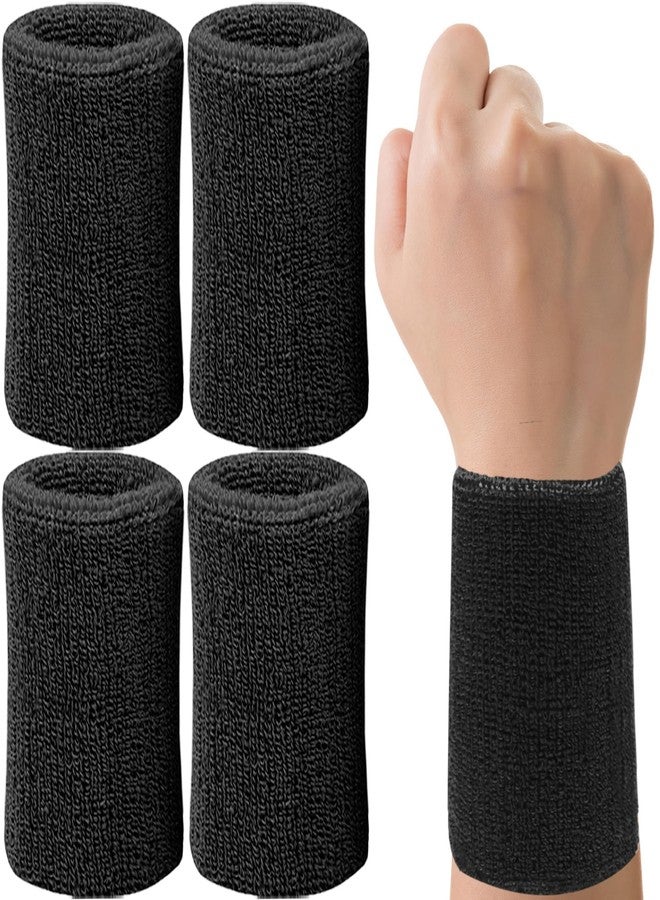 IMAGERIO 6 Inch Wrist Sweatbands Tennis Wrist Bands Absorbent Sweat Band for Men and Women Sport Long Wrist Bands, Breathable Cotton Athletic Sweatbands for Basketball, Workout, Running (4 Pack)-Black - Image 1