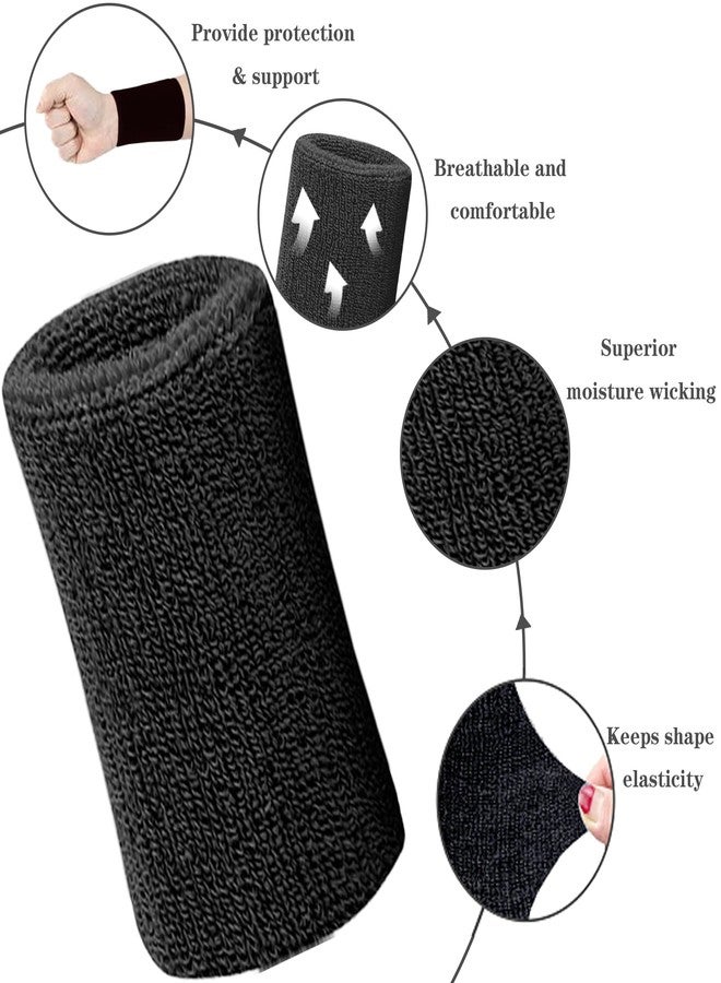 IMAGERIO 6 Inch Wrist Sweatbands Tennis Wrist Bands Absorbent Sweat Band for Men and Women Sport Long Wrist Bands, Breathable Cotton Athletic Sweatbands for Basketball, Workout, Running (4 Pack)-Black - Image 4