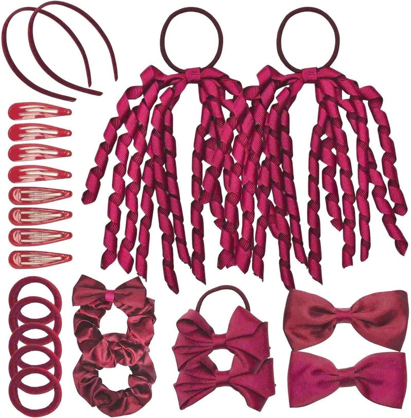Basic Sense School Plain Hair Accessories Set 23pcs Hair Ties Scrunchies Ribbon Ponytail Holders Pins for School Uniforms Burgundy