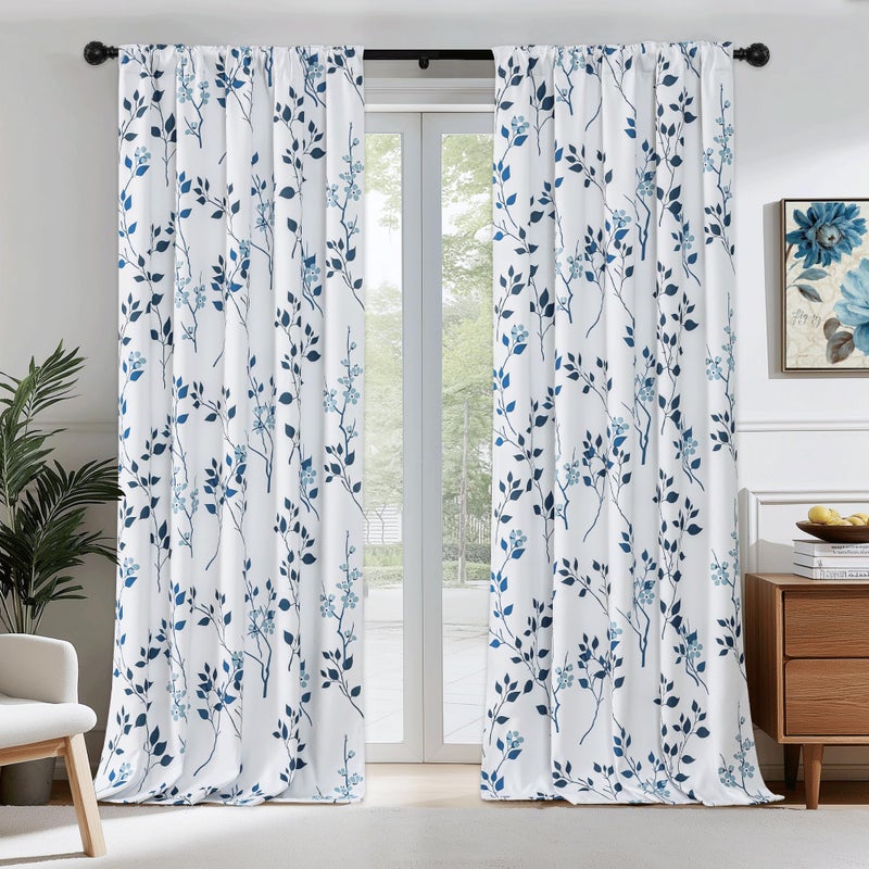 Beauoop Floral 100% Blackout Curtains 84 Inches Long 2 Panels for Bedroom Living Room Navy Blue and White Flower Patterned Room Darkening Thermal Soundproof Rod Pocket Back Tab Window Drapes, 52X84 - Image 1