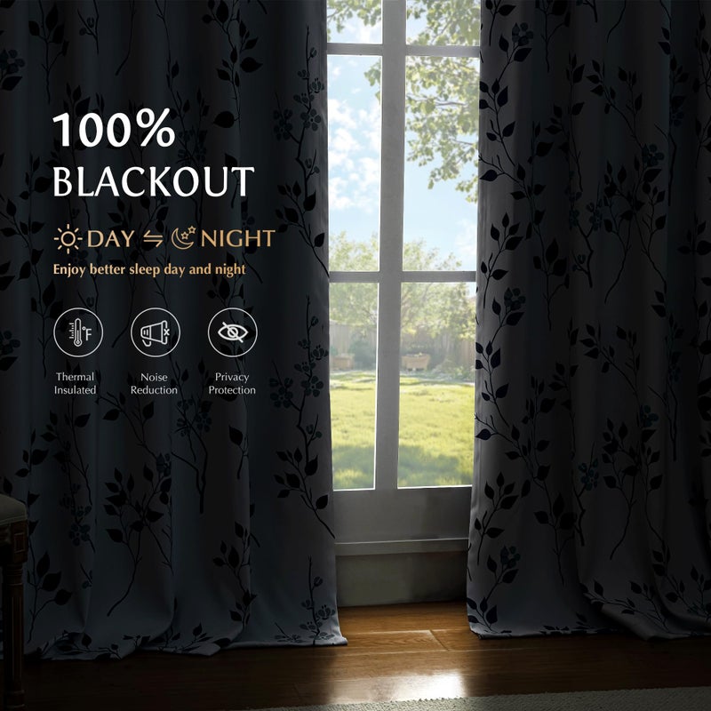 Beauoop Floral 100% Blackout Curtains 84 Inches Long 2 Panels for Bedroom Living Room Navy Blue and White Flower Patterned Room Darkening Thermal Soundproof Rod Pocket Back Tab Window Drapes, 52X84 - Image 2