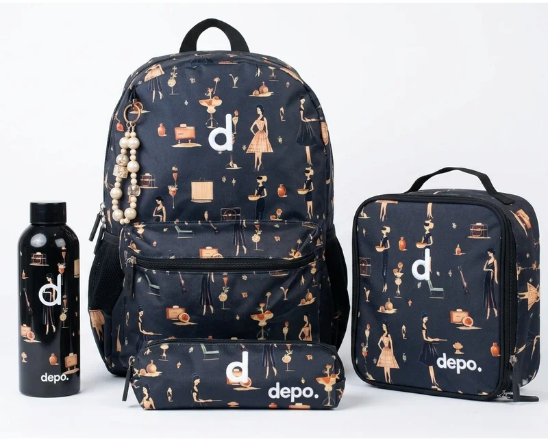Depo 4-Piece Premium School Backpack Set – 44cm Water-Resistant Backpack with Lunch Bag, Pencil Case & 500ml Water Bottle for Girls