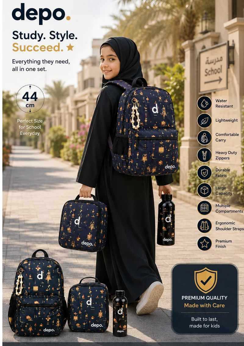 Depo 4-Piece Premium School Backpack Set – 44cm Water-Resistant Backpack with Lunch Bag, Pencil Case & 500ml Water Bottle for Girls