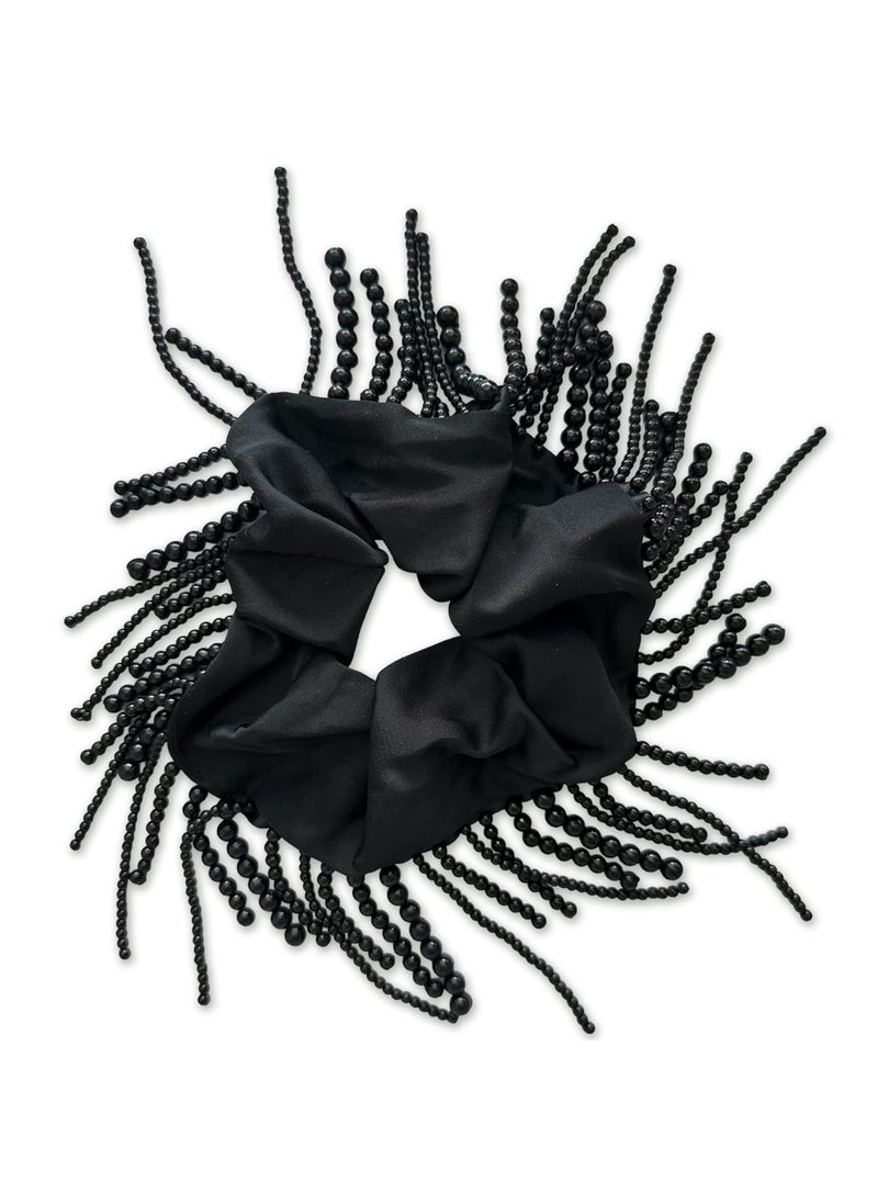 Lizzie Kay Satin Black Scrunchie Decorative Bead Tassels Large Hair Tie Accessory Woman Girl 