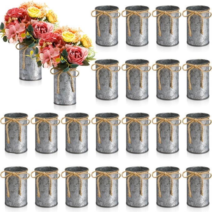 433 INCH PETITE FARMHOUSE VASE DECOR VINTAGE FLOWER VASE WITH TWINE BOW RUSTIC GALVANIZED METAL BUCKETS FOR ARTIFICIAL FLOWERS FOR TABLE CENTERPIECE WEDDINGSIRON COLOR24 PCS
