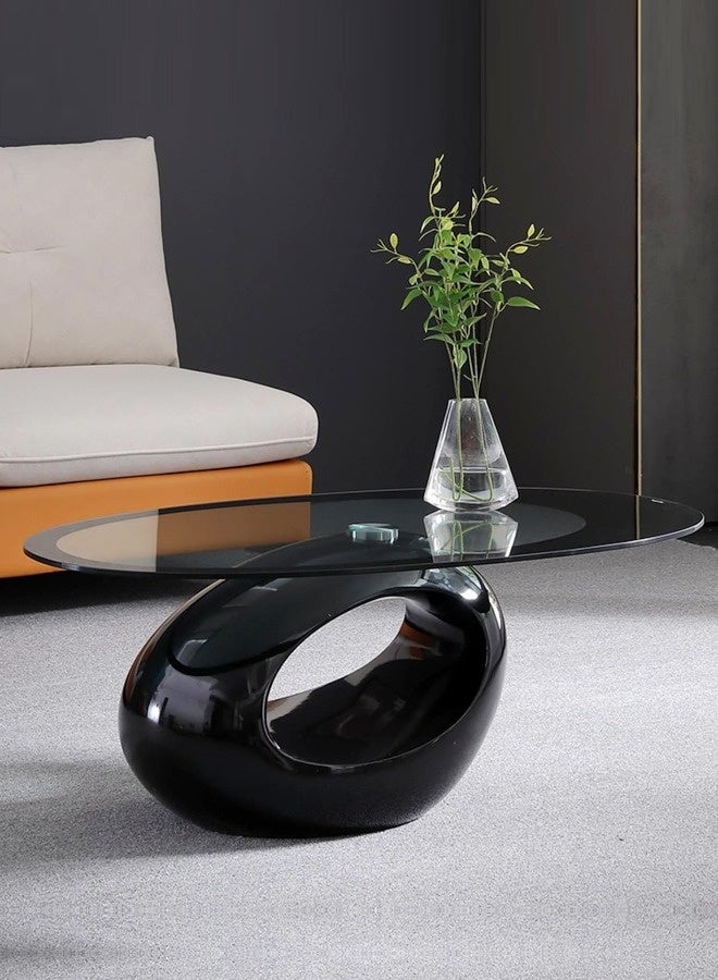 سي آند سي هوم طاولة قهوة بيضاوية حديثة من الزجاج المقوى مع قاعدة رف تخزين مجوفة شديدة اللمعان، طاولة وسط أنيقة وعصرية لغرفة المعيشة للمجلات والديكور والاستخدام اليومي 110 × 65 × 45 سم. - Image 1