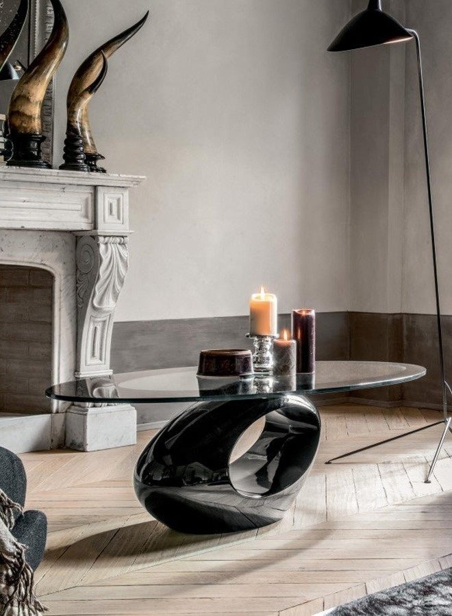 سي آند سي هوم طاولة قهوة بيضاوية حديثة من الزجاج المقوى مع قاعدة رف تخزين مجوفة شديدة اللمعان، طاولة وسط أنيقة وعصرية لغرفة المعيشة للمجلات والديكور والاستخدام اليومي 110 × 65 × 45 سم. - Image 2