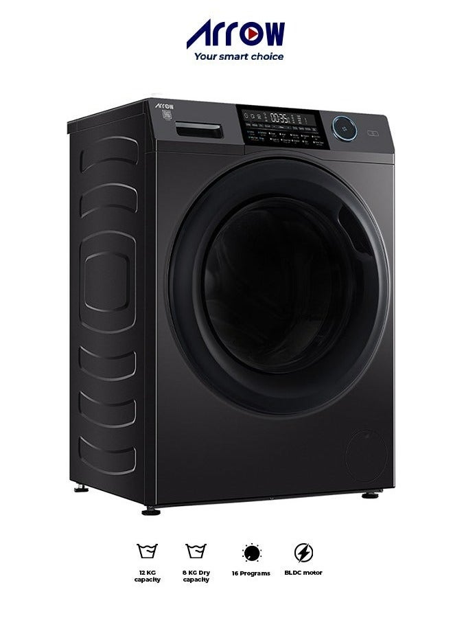 ارو غسالة ملابس أوتوماتيكية تحميل أمامي سعة 12 كجم، سعة غسيل 12 كجم، سعة تجفيف 8 كجم، 15 برنامج، باب بقفل تلقائي، شاشة عرض LED، لون فضي جاد إنك | RO-12FWDHS - Image 1