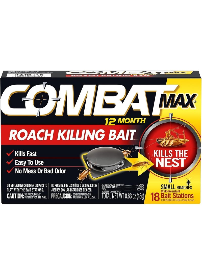 Combat Max طُعم قتل الصراصير لمدة 12 شهر، محطة طُعم صغيرة للصراصير، مقاومة للأطفال، 18 قطعة - Image 1