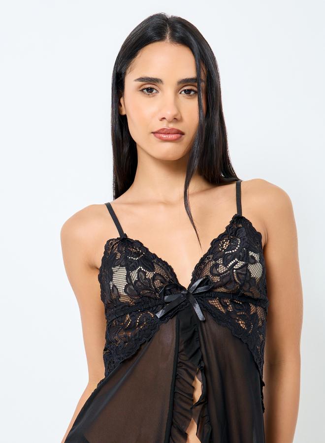 Styli Lace Center Front Open Babydoll with Ruffles Hem and Brief - Image 2