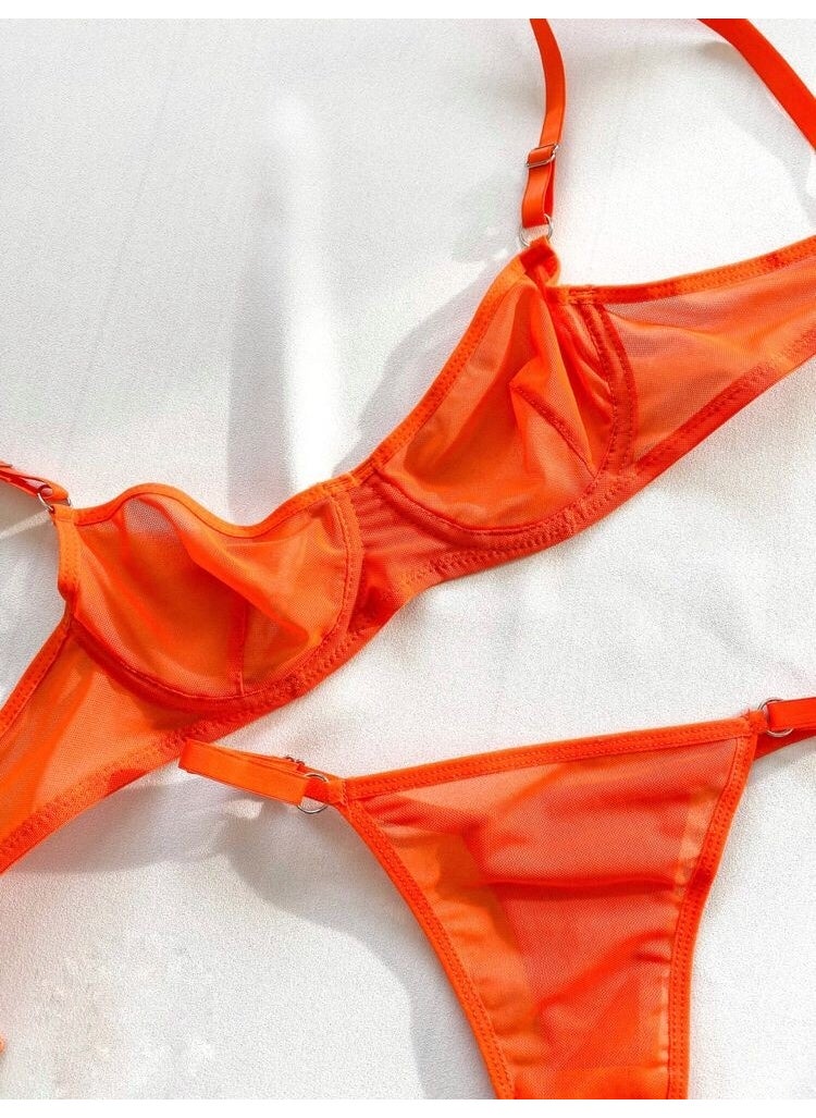 La Linaa Women's Orange Tulle Thong Panty Bra Set  - Image 1
