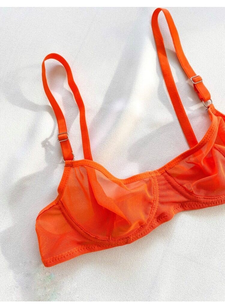 La Linaa Women's Orange Tulle Thong Panty Bra Set  - Image 3