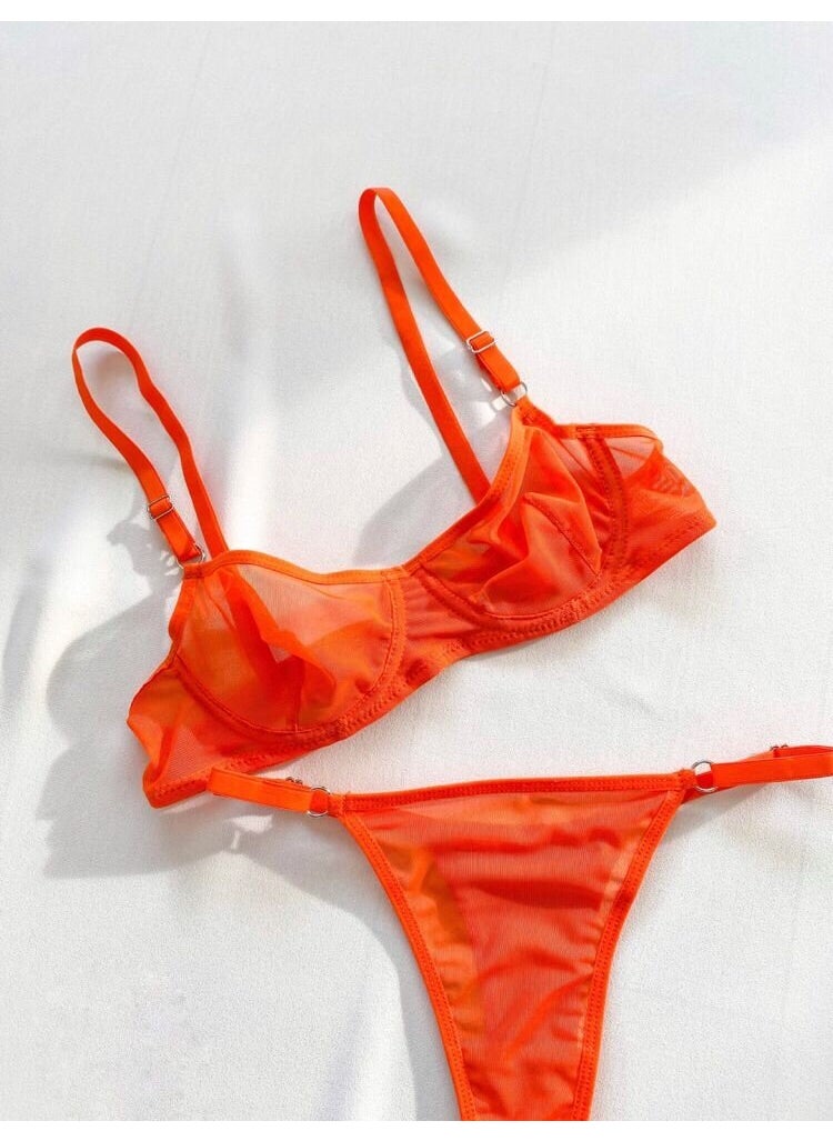 La Linaa Women's Orange Tulle Thong Panty Bra Set  - Image 2