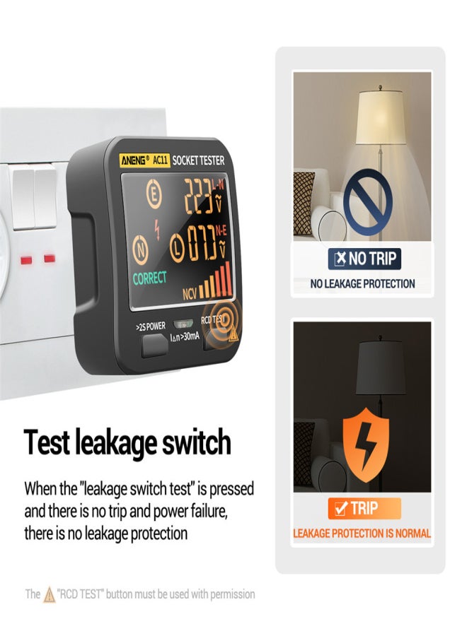 ANENG AC11 Socket Tester Electric Leakage Detector LCD Display Ground Wire Zero Line Live Wire Phase Multifunctional Electrical Electroscope RCD NCV Electric Tester Circuit Polarity Detector UK Plug - Image 4