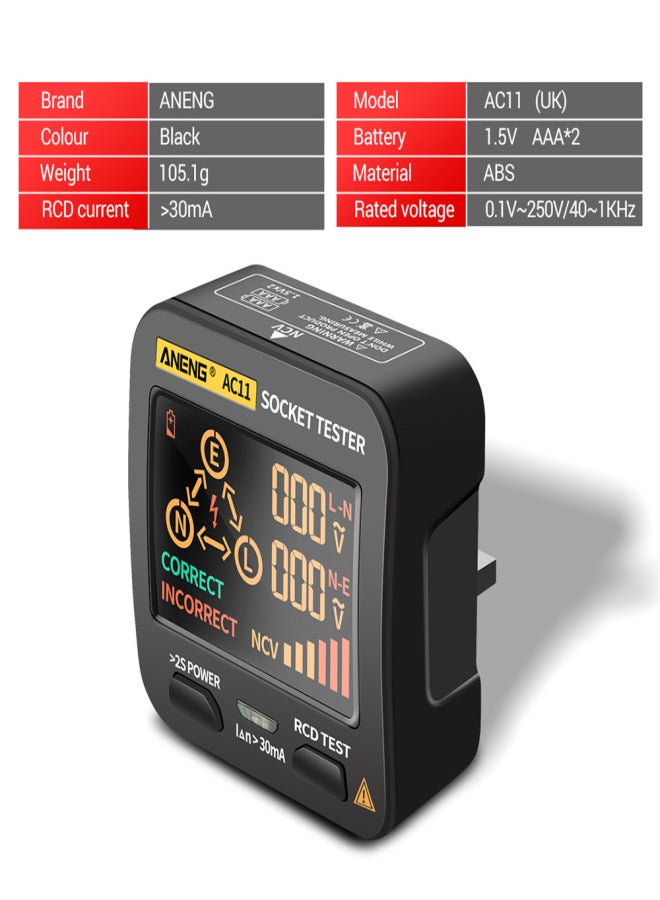 ANENG AC11 Socket Tester Electric Leakage Detector LCD Display Ground Wire Zero Line Live Wire Phase Multifunctional Electrical Electroscope RCD NCV Electric Tester Circuit Polarity Detector UK Plug - Image 3