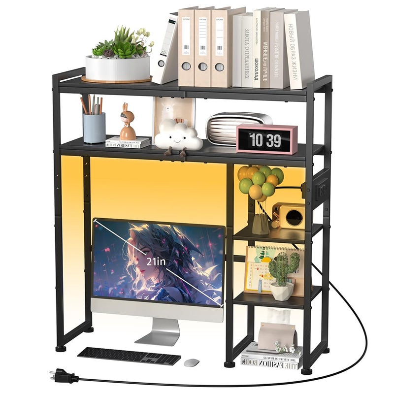 Aetheris Desktop Organizer Shelf, 30" Wooden Office Storage Rack with Outlets, Display Shelf Rack with Light Strip, 5 Tier Desktop Display Rac, Desk Shelf, Desk Hutch for Computer Monitor (Black) - Image 1