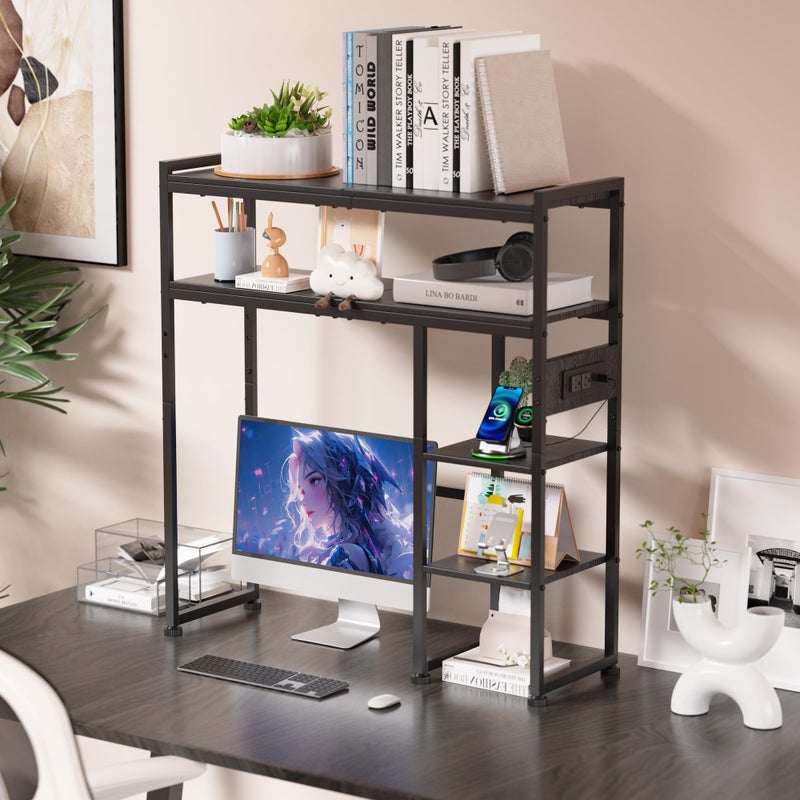 Aetheris Desktop Organizer Shelf, 30" Wooden Office Storage Rack with Outlets, Display Shelf Rack with Light Strip, 5 Tier Desktop Display Rac, Desk Shelf, Desk Hutch for Computer Monitor (Black) - Image 3