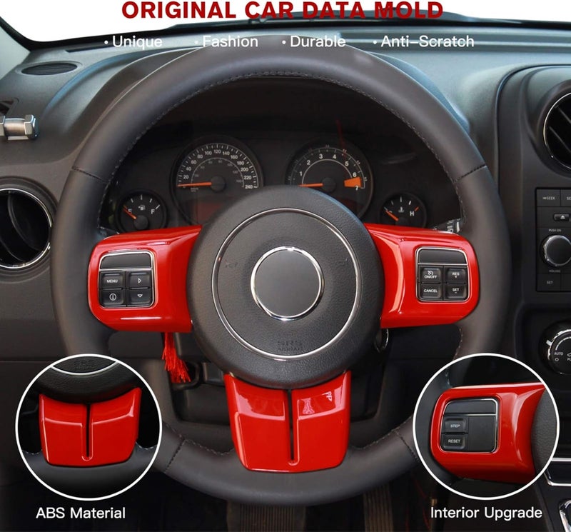 JeCar Interior Steering Wheel Decoration Trim Kits for 2011-2018 Jeep Wrangler JK/2011-2013 Grand Cherokee/2011-2016 Jeep Compass & Patriot, Red - Image 3