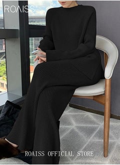 roaiss Women's Oversized Loose Suit Knitted Sweater Outfits 2 Piece Casual Set Solid Color Long Sleeve Wide Leg Pants  - Image 3